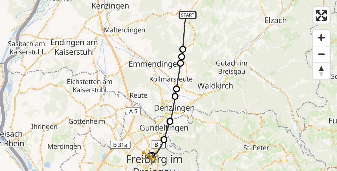 Flugroute Ambulanzhubschrauber Freiamt - Freiburg University Hospital Heliport 2, 13 Juni 2026, 14:49