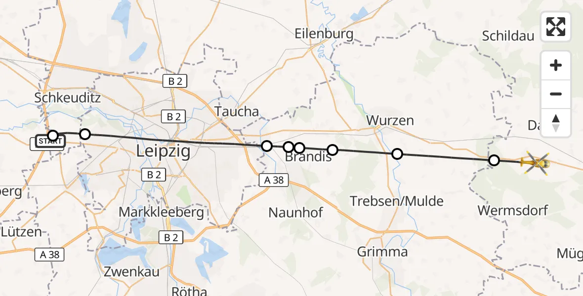Flugroute Rettungshubschrauber ADAC Air Rescue Station Leipzig/Schkeuditz-Dölzig Hubschrauberlandeplatz (Christoph 61) - Wermsdorf, 13 Juni 2026, 14:51