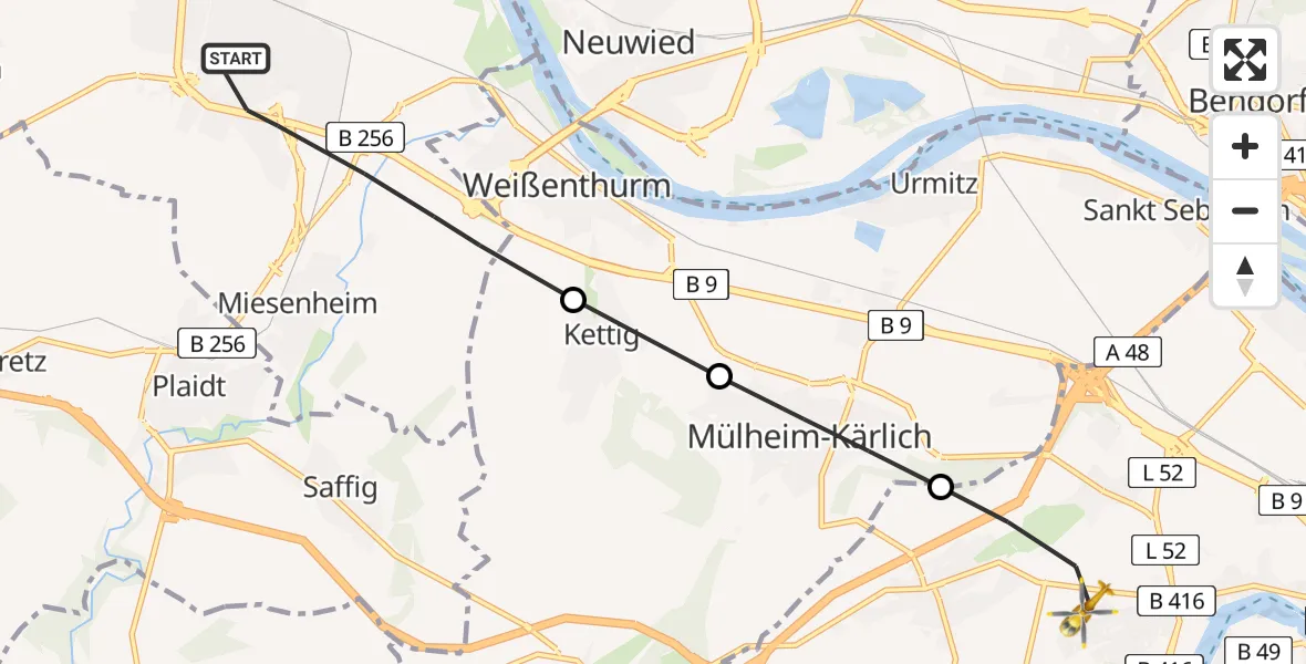 Flugroute Rettungshubschrauber Andernach - Koblenz, 13 Juni 2026, 14:52
