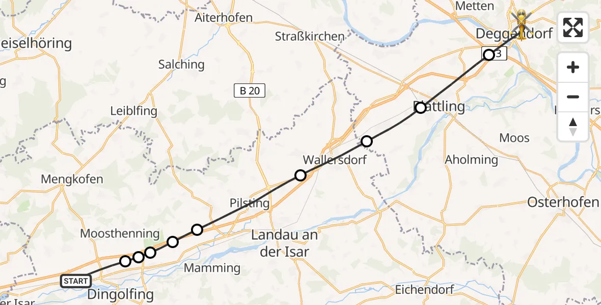 Flugroute Rettungshubschrauber Dingolfing - Deggendorf, 13 Juni 2026, 14:54