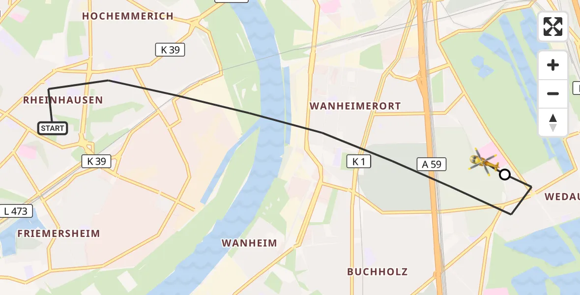 Flugroute Rettungshubschrauber Duisburg - Sana Clinic Duisburg Hubschrauberlandeplatz, 13 Juni 2026, 14:54