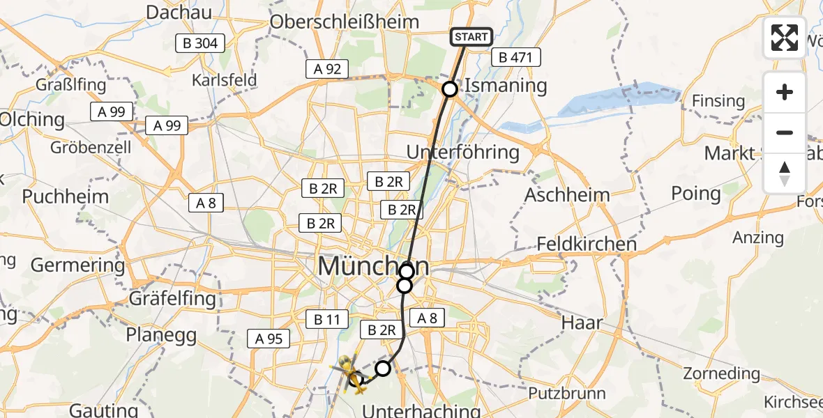 Flugroute Rettungshubschrauber Garching b.München - ADAC Air Rescue Center Hubschrauberlandeplatz (Christoph 1), 13 Juni 2026, 14:56
