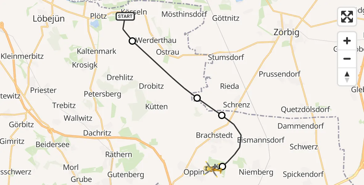 Flugroute Rettungshubschrauber Wettin-Löbejün - Halle-Oppin Flugplatz, 13 Juni 2026, 14:57
