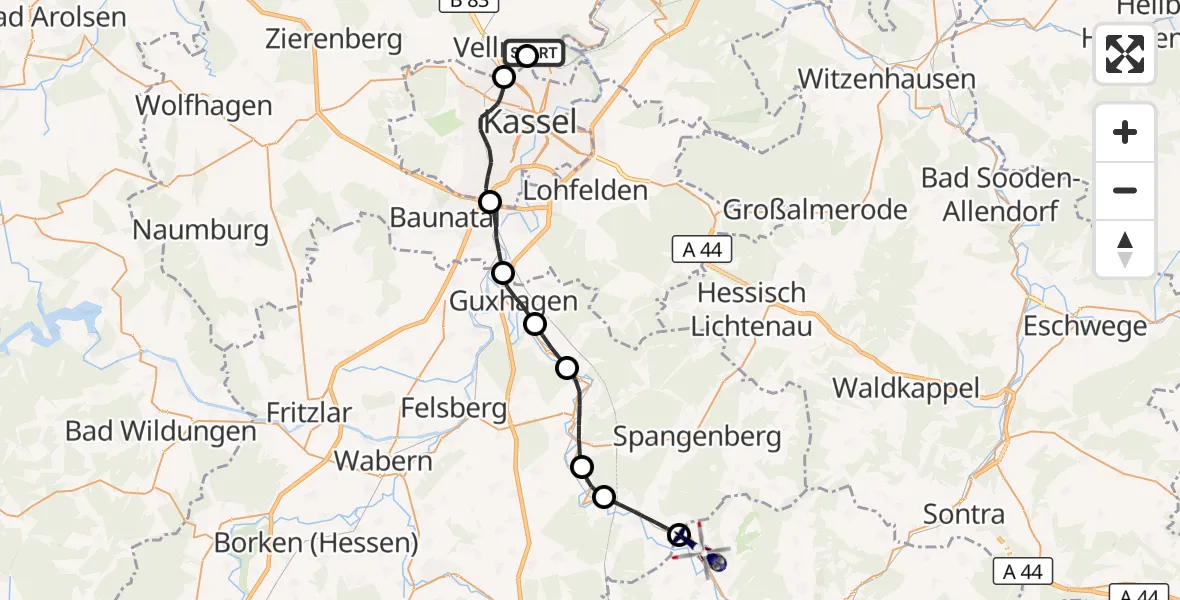 Flugroute Polizeihubschrauber Fuldatal Bundespolizei Hubschrauberlandeplatz - Alheim, 13 Juni 2026, 15:00