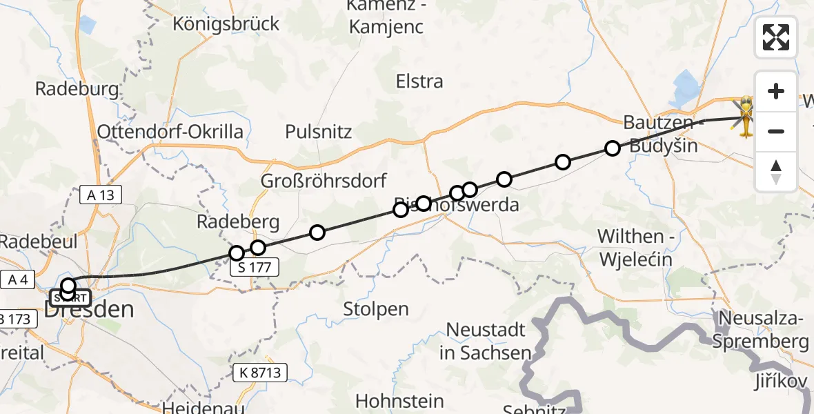 Flugroute Rettungshubschrauber Dresden Friedrichstadt Hospital - Bautzen Flugplatz, 13 Juni 2026, 15:00