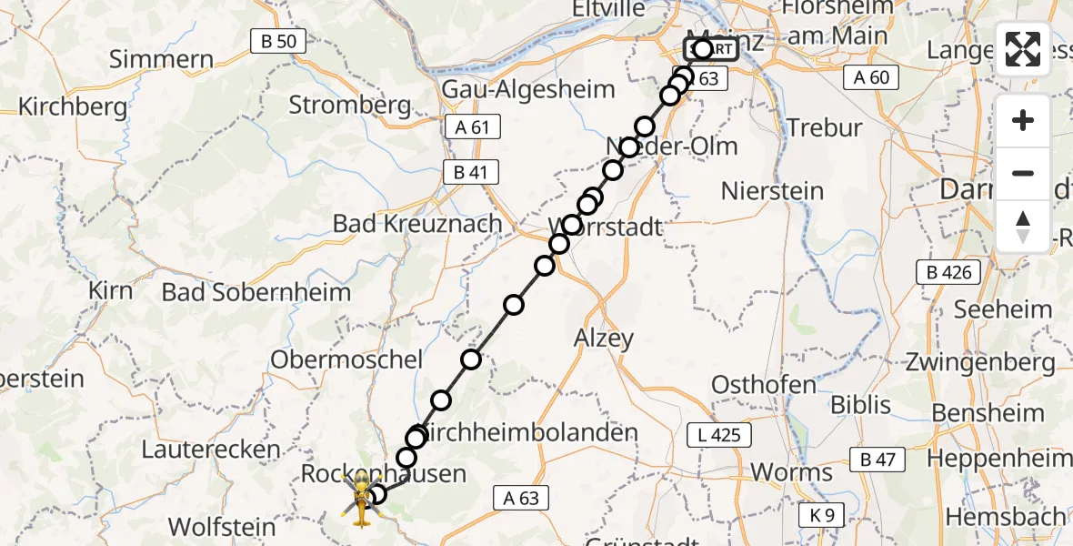 Flugroute Rettungshubschrauber Mainz University Hospital - Imsweiler UL, 13 Juni 2026, 15:00