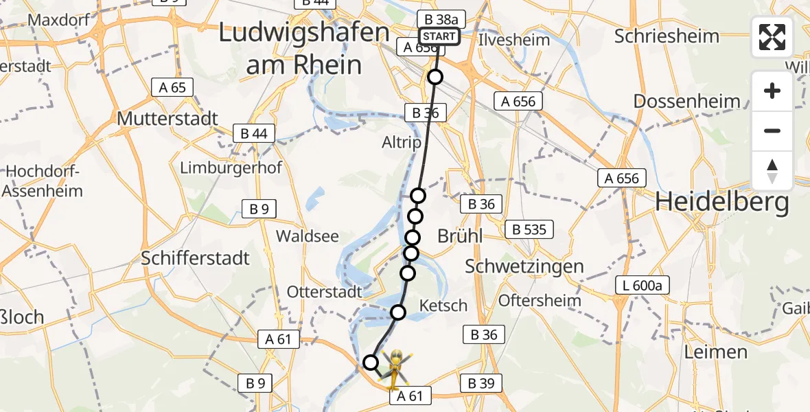 Flugroute Rettungshubschrauber Mannheim-City Flughafen - Hockenheim, 13 Juni 2026, 15:02