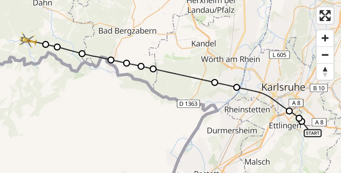 Flugroute Ambulanzhubschrauber Waldbronn - Rumbach, 13 Juni 2026, 15:05