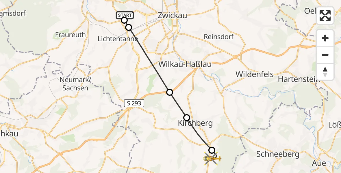 Flugroute Rettungshubschrauber ADAC Air Rescue Station Zwickau Hubschrauberlandeplatz - Hartmannsdorf b.Kirchberg, 13 Juni 2026, 15:11