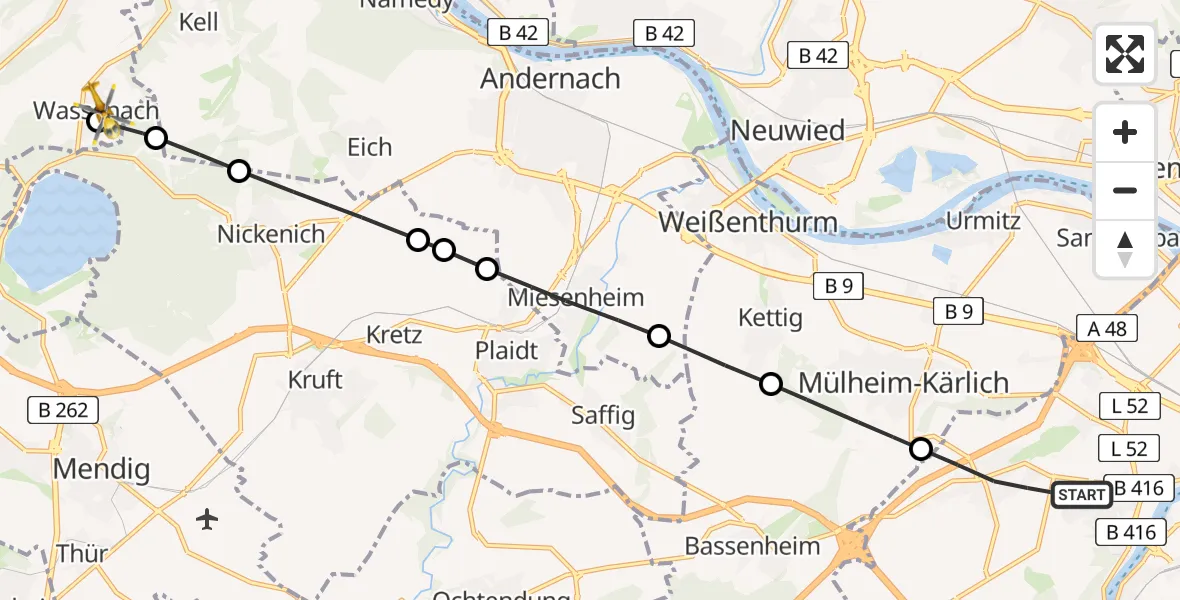 Flugroute Rettungshubschrauber Koblenz - Wassenach, 13 Juni 2026, 15:13