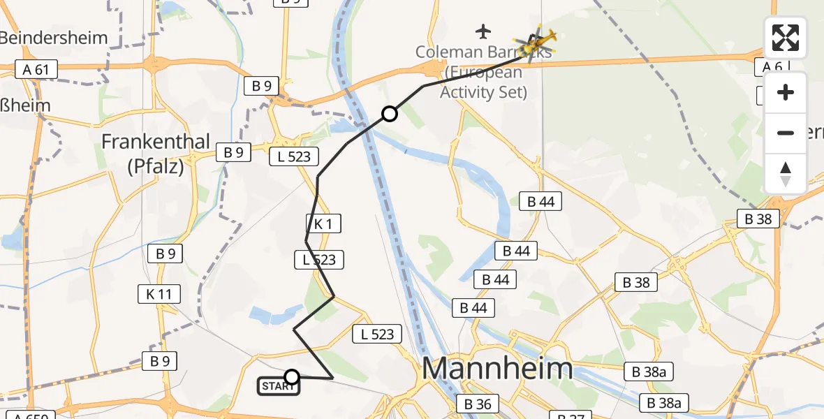 Flugroute Rettungshubschrauber Ludwigshafen Accident Hospital - Mannheim, 13 Juni 2026, 15:14