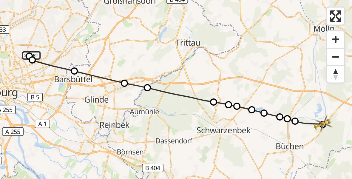 Flugroute Rettungshubschrauber Hamburg Military Hospital - Langenlehsten, 13 Juni 2026, 15:19