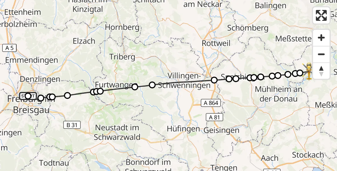 Flugroute Ambulanzhubschrauber Freiburg im Breisgau Flugplatz - Beuron, 13 Juni 2026, 15:22