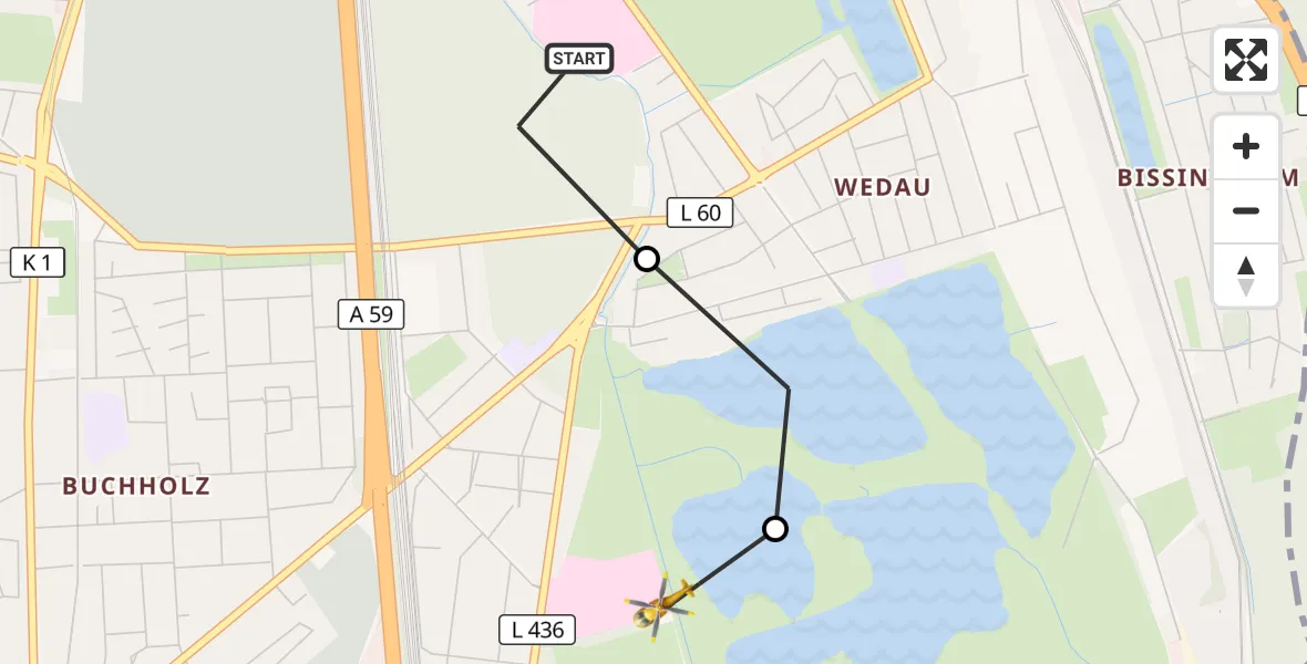 Flugroute Rettungshubschrauber Sana Clinic Duisburg Hubschrauberlandeplatz - Duisburg Air Rescue Hubschrauberlandeplatz (Christoph 9), 13 Juni 2026, 15:23