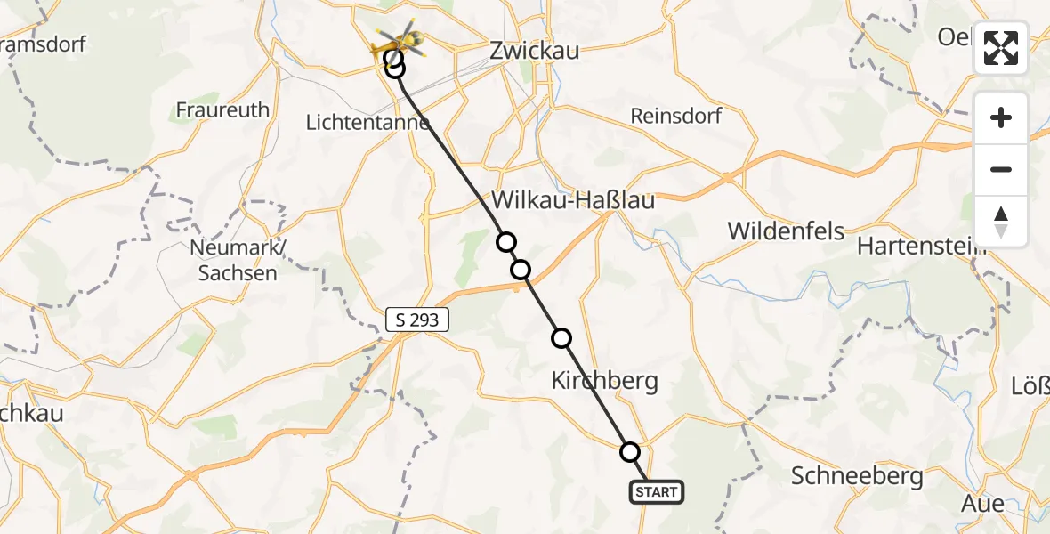 Flugroute Rettungshubschrauber Hartmannsdorf b.Kirchberg - ADAC Air Rescue Station Zwickau Hubschrauberlandeplatz, 13 Juni 2026, 15:26