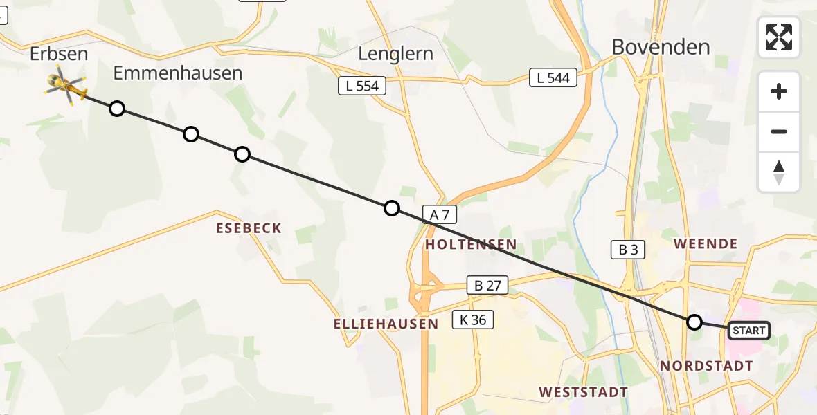 Flugroute Rettungshubschrauber Göttingen University Clinic Hubschrauberlandeplatz - Adelebsen, 13 Juni 2026, 15:31