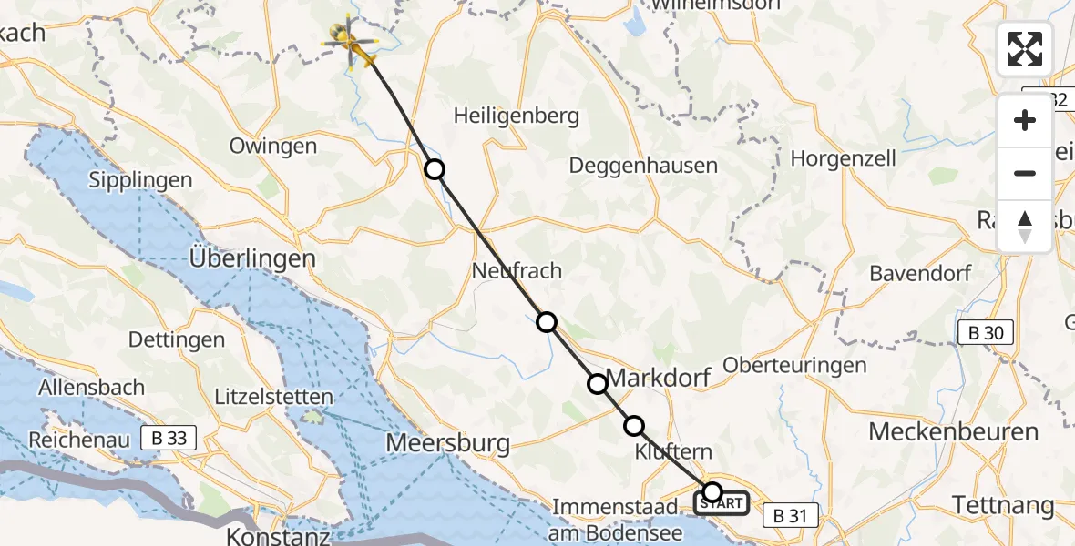 Flugroute Rettungshubschrauber Friedrichshafen Hospital - Owingen, 13 Juni 2026, 15:32