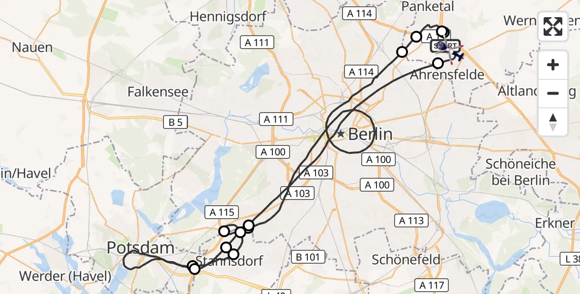 Flugroute Polizeihubschrauber Panketal - Ahrensfelde Hubschrauberlandeplatz, 13 Juni 2026, 15:35