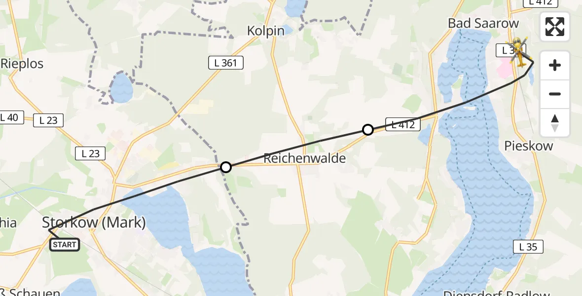 Flugroute Rettungshubschrauber Storkow (Mark) - Bad Saarow Hospital Hubschrauberlandeplatz, 13 Juni 2026, 15:36