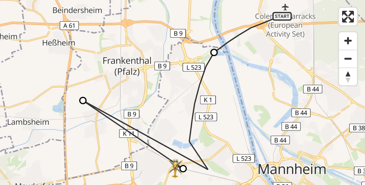 Flugroute Rettungshubschrauber Mannheim - Ludwigshafen Accident Hospital Hubschrauberlandeplatz, 13 Juni 2026, 15:40