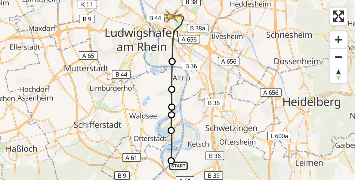 Flugroute Rettungshubschrauber Flugplatz Herrenteich - Mannheim, 13 Juni 2026, 15:40