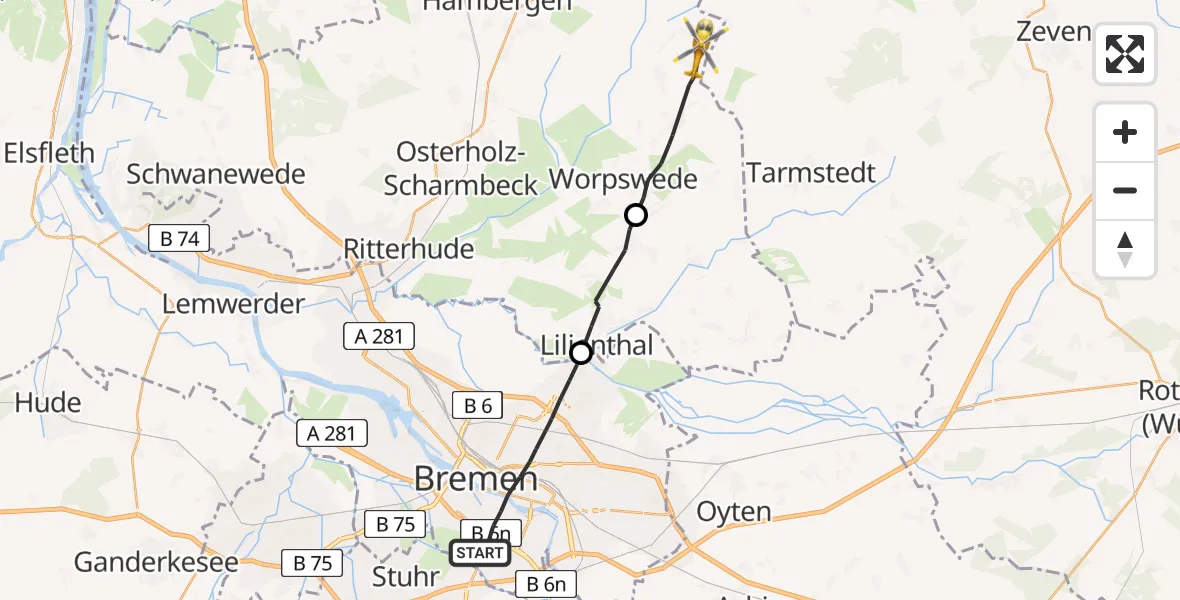 Flugroute Rettungshubschrauber Bremen - Worpswede, 13 Juni 2026, 15:40