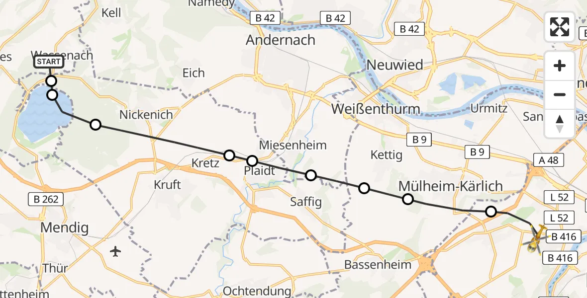 Flugroute Rettungshubschrauber Wassenach - Koblenz, 13 Juni 2026, 15:49