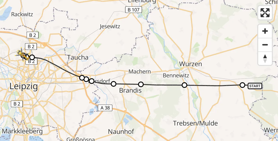 Flugroute Rettungshubschrauber Lossatal - Sankt Georg Hospital Leipzig Reserve, 13 Juni 2026, 15:51
