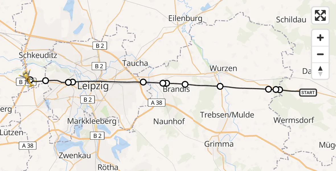 Flugroute Rettungshubschrauber Wermsdorf - ADAC Air Rescue Station Leipzig/Schkeuditz-Dölzig Hubschrauberlandeplatz (Christoph 61), 13 Juni 2026, 15:54