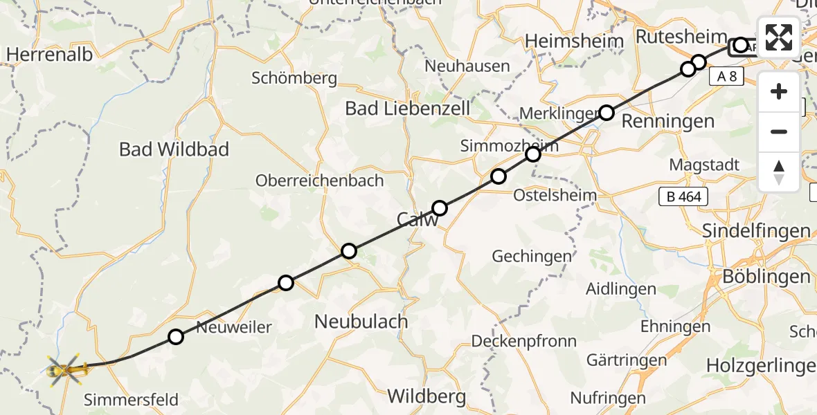 Flugroute Rettungshubschrauber Leonberg Hospital - Simmersfeld, 13 Juni 2026, 15:57