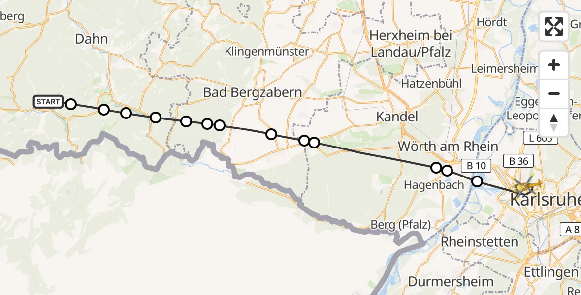 Flugroute Ambulanzhubschrauber Fischbach bei Dahn - Karlsruhe, 13 Juni 2026, 16:08