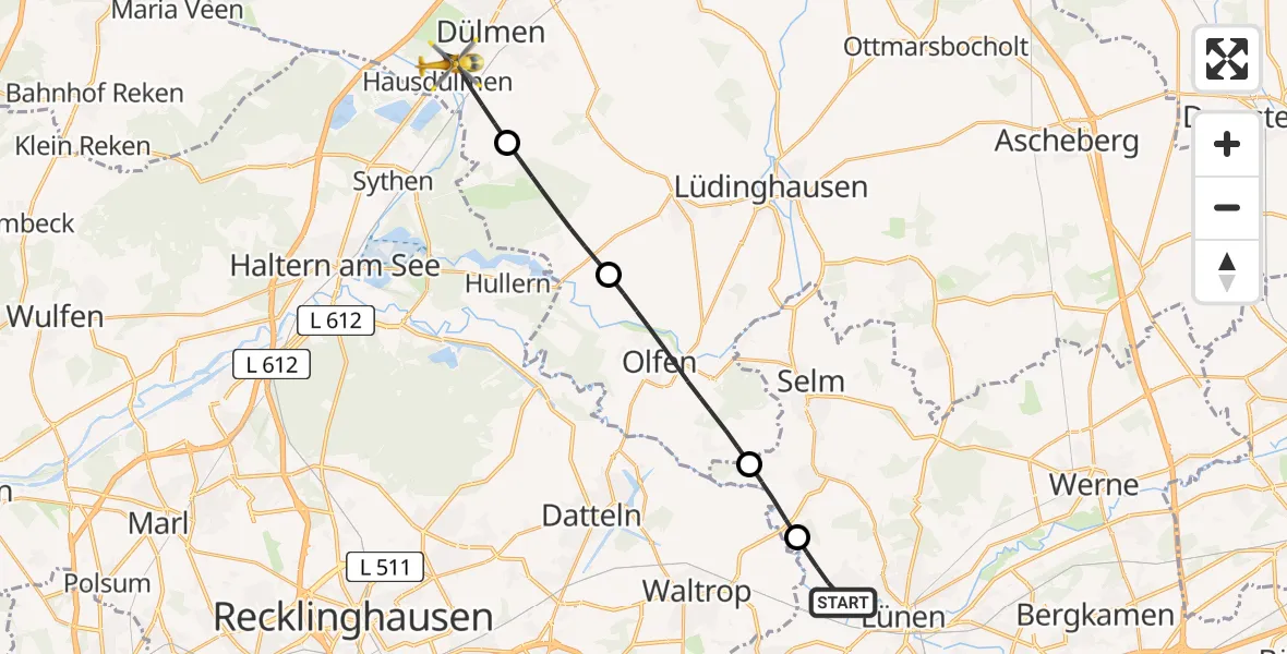 Flugroute Rettungshubschrauber Lünen - Dülmen, 13 Juni 2026, 16:13
