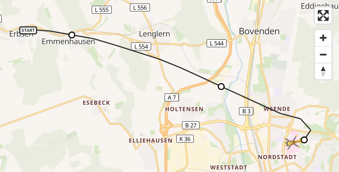 Flugroute Rettungshubschrauber Adelebsen - Göttingen University Clinic Hubschrauberlandeplatz, 13 Juni 2026, 16:16