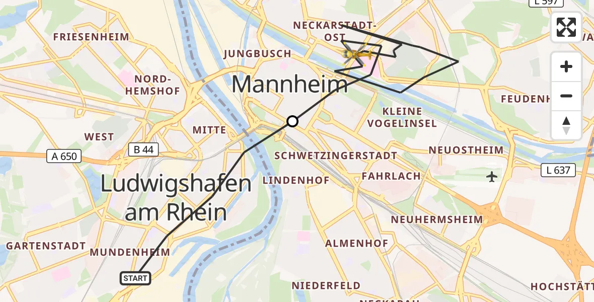 Flugroute Rettungshubschrauber Ludwigshafen am Rhein - Mannheim, 13 Juni 2026, 16:16