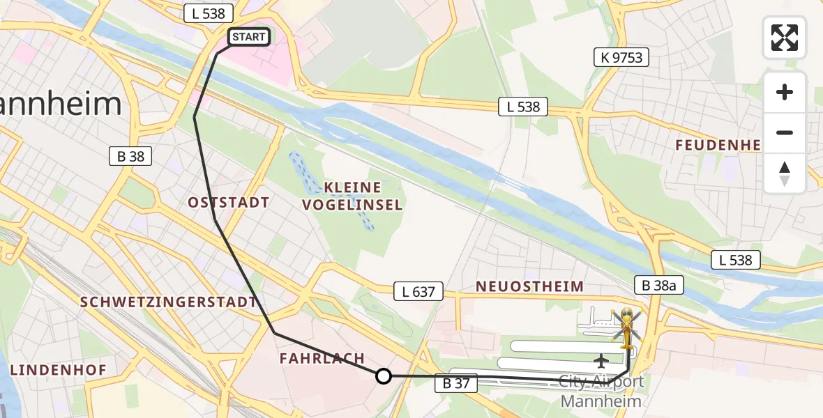 Flugroute Rettungshubschrauber Mannheim - Mannheim-City Flughafen, 13 Juni 2026, 16:20