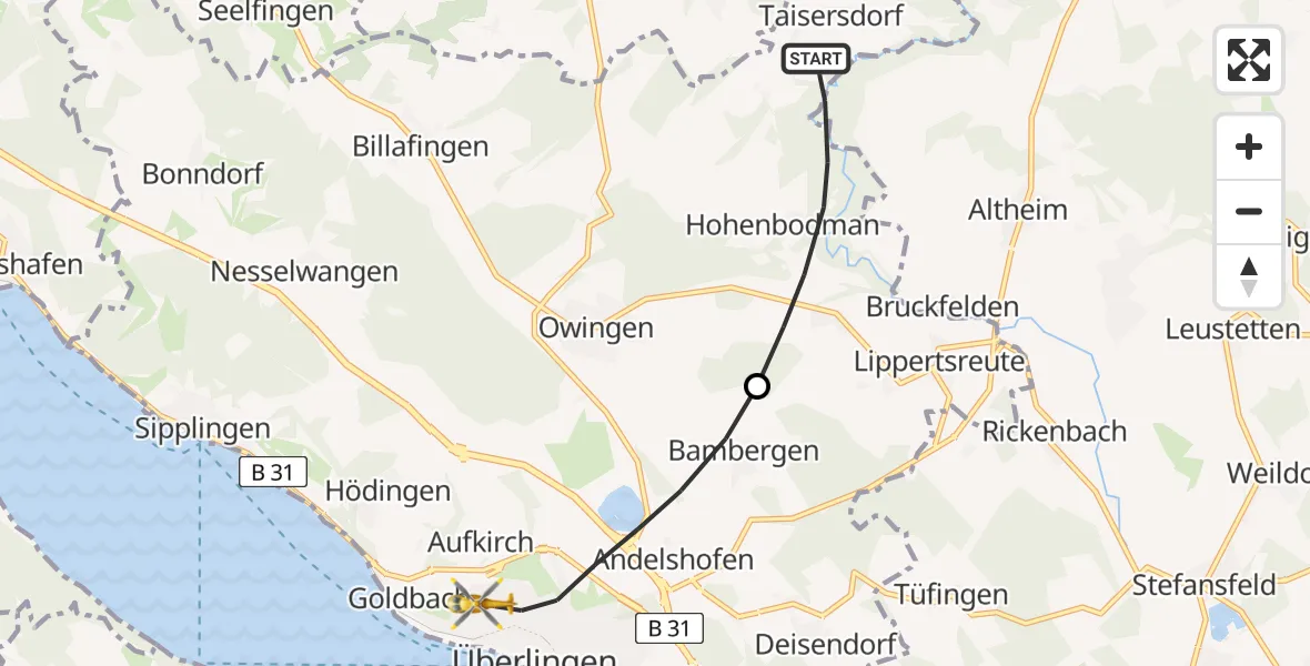Flugroute Rettungshubschrauber Owingen - Überlingen, 13 Juni 2026, 16:21