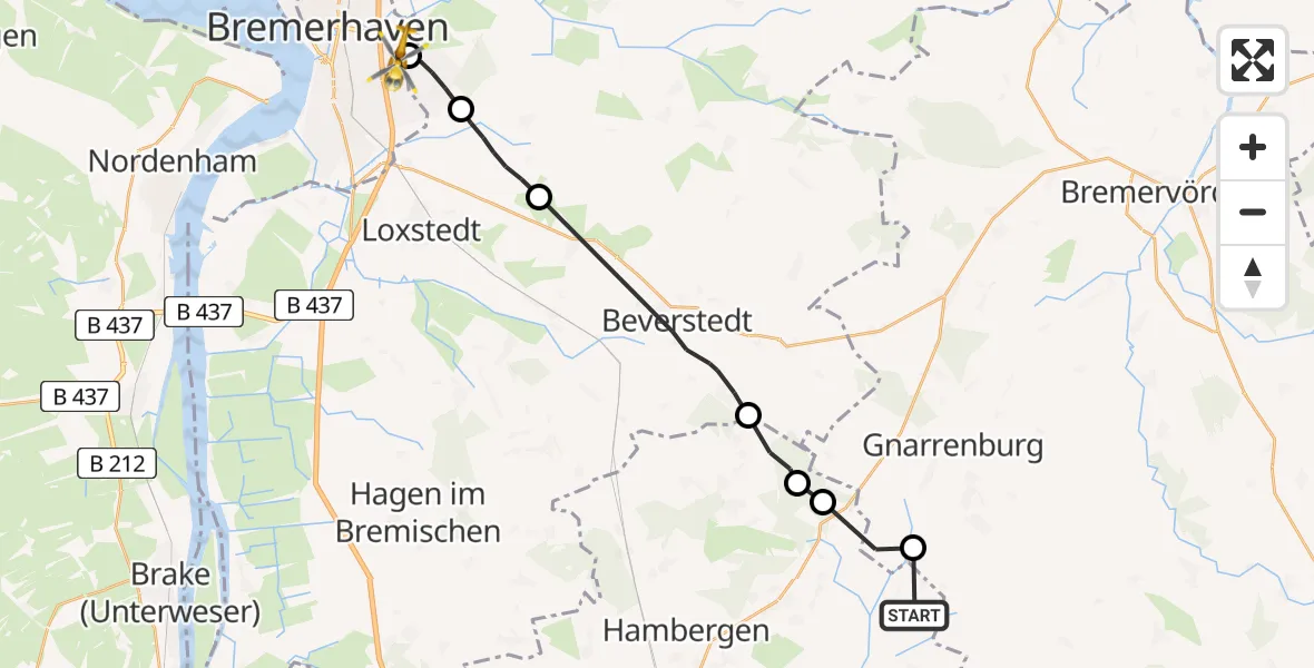 Flugroute Rettungshubschrauber Worpswede - Bremerhaven, 13 Juni 2026, 16:26
