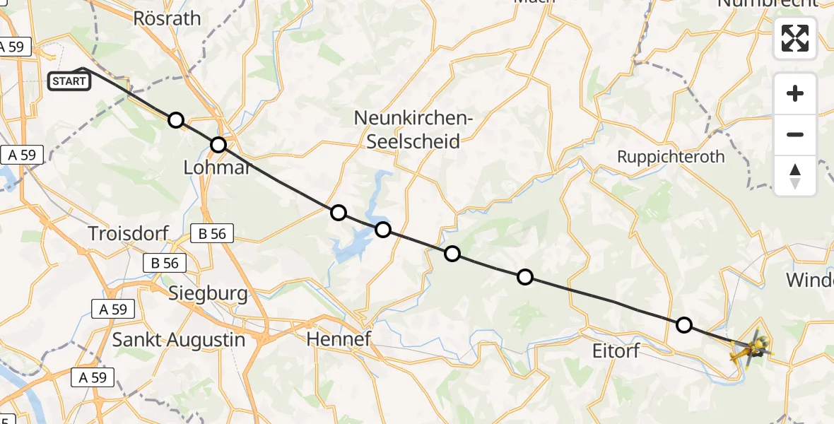 Flugroute Rettungshubschrauber Köln Bonn Flughafen - Windeck, 13 Juni 2026, 16:28