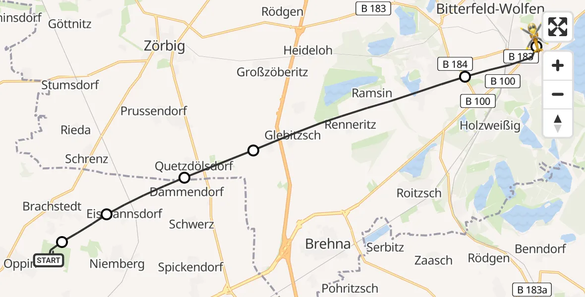 Flugroute Rettungshubschrauber Halle-Oppin Flugplatz - Bitterfield-Wolfen Health Center Hubschrauberlandeplatz, 13 Juni 2026, 16:32