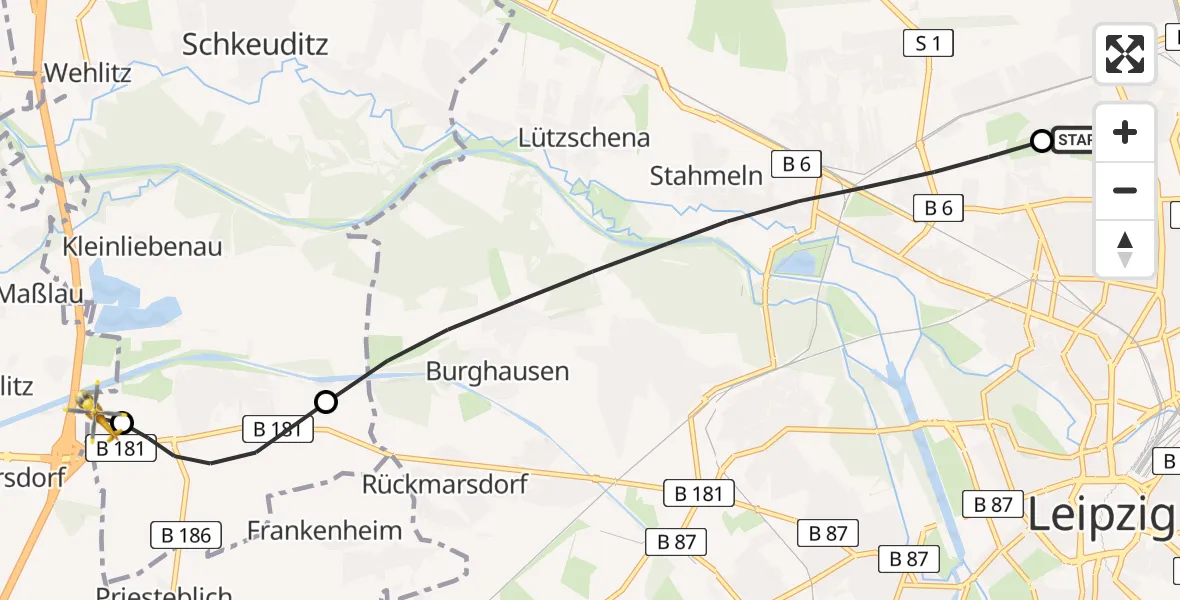 Flugroute Rettungshubschrauber Sankt Georg Hospital Leipzig Reserve - ADAC Air Rescue Station Leipzig/Schkeuditz-Dölzig Hubschrauberlandeplatz (Christoph 61), 13 Juni 2026, 16:35