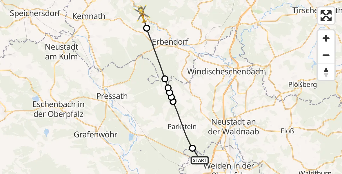 Flugroute Rettungshubschrauber Weiden i.d.OPf. - Kemnath, 13 Juni 2026, 16:38