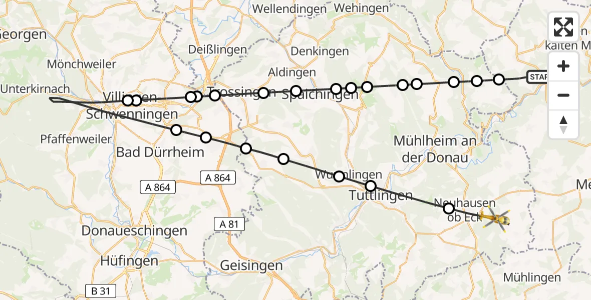 Flugroute Ambulanzhubschrauber Beuron - Neuhausen ob Eck, 13 Juni 2026, 16:38