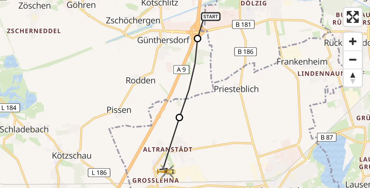 Flugroute Rettungshubschrauber ADAC Air Rescue Station Leipzig/Schkeuditz-Dölzig Hubschrauberlandeplatz (Christoph 61) - Markranstädt, 13 Juni 2026, 16:39