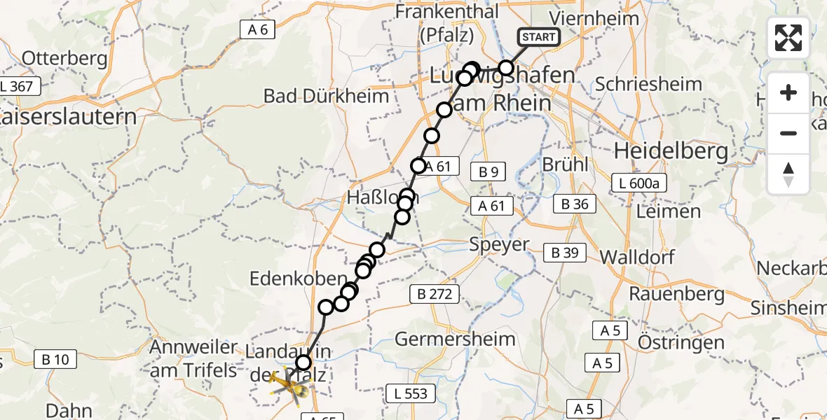 Flugroute Rettungshubschrauber Mannheim - Landau in der Pfalz, 13 Juni 2026, 16:42