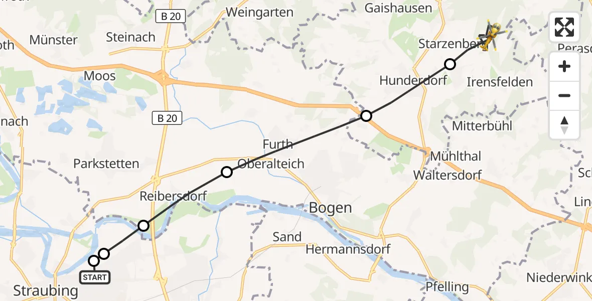 Flugroute Rettungshubschrauber Sankt Elisabeth Hospital Straubing - Windberg, 13 Juni 2026, 16:46