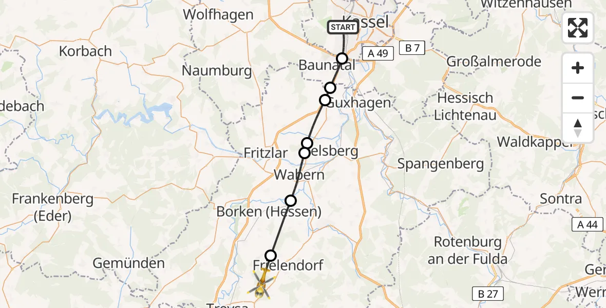 Flugroute Rettungshubschrauber Kassel - Frielendorf, 13 Juni 2026, 17:03