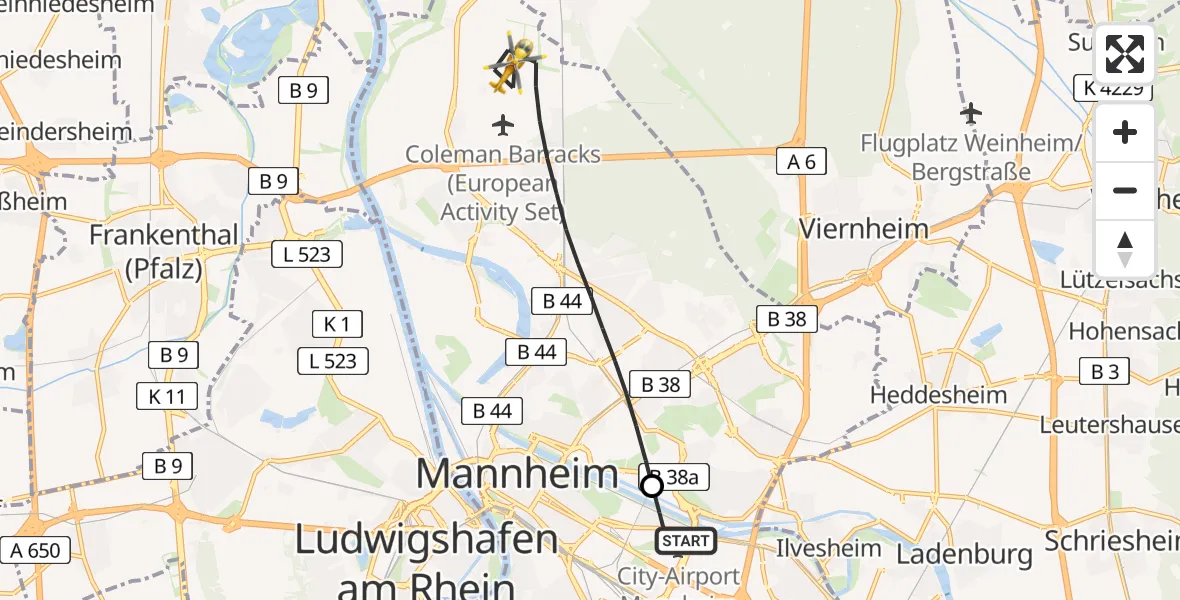 Flugroute Rettungshubschrauber Mannheim-City Flughafen - Mannheim, 13 Juni 2026, 17:03