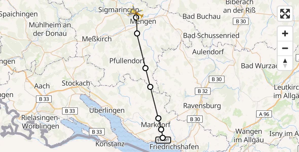Flugroute Rettungshubschrauber Friedrichshafen Hospital - Scheer, 13 Juni 2026, 17:09