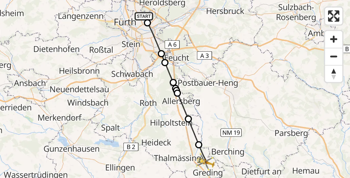Flugroute Ambulanzhubschrauber Flughafen Nuremberg - Greding, 13 Juni 2026, 17:10