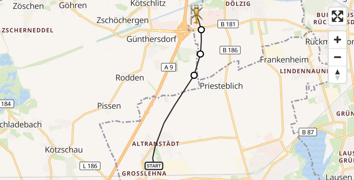 Flugroute Rettungshubschrauber Markranstädt - ADAC Air Rescue Station Leipzig/Schkeuditz-Dölzig Hubschrauberlandeplatz (Christoph 61), 13 Juni 2026, 17:10
